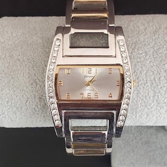 Geneva Women's Bracelet Watch Cuff Silver Tone with Crystals Gold Tone Dressy - Picture 8 of 8